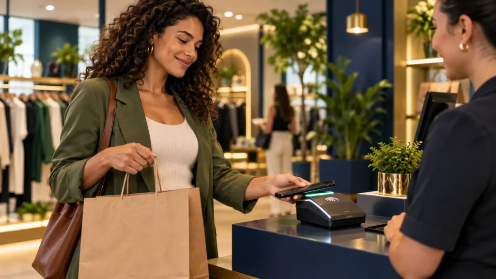Cliente pagando compra por aproximação com o celular