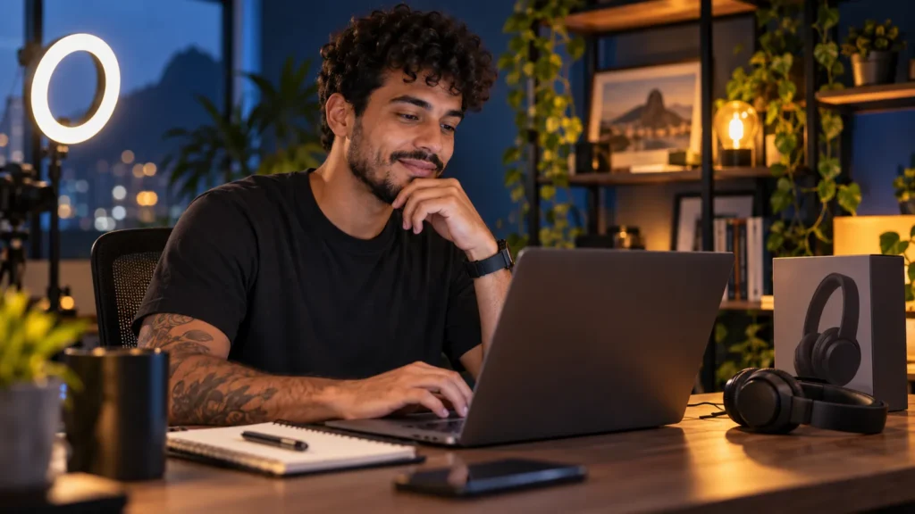 Criador de conteúdo escrevendo análise de produto no notebook