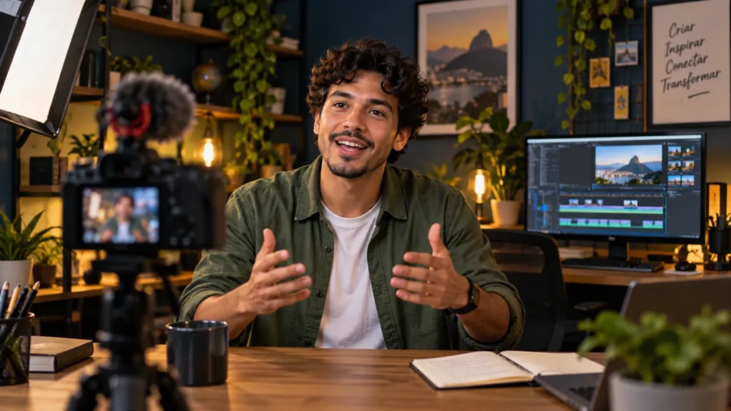 Criador gravando vídeo em estúdio caseiro