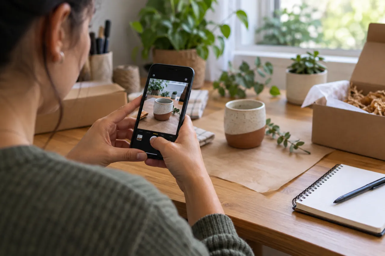 Pessoa usando o celular para fotografar uma caneca artesanal destinada à venda online