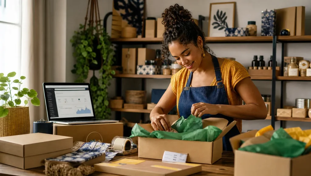 Empreendedora embalando produtos para envio de vendas online