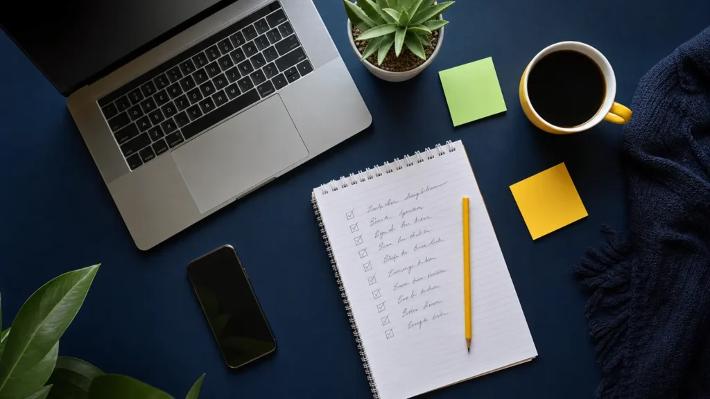 Mesa organizada com notebook, celular, caderno com checklist e café