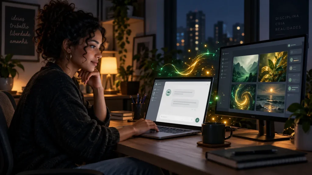 Freelancer usando ferramentas de inteligência artificial no computador