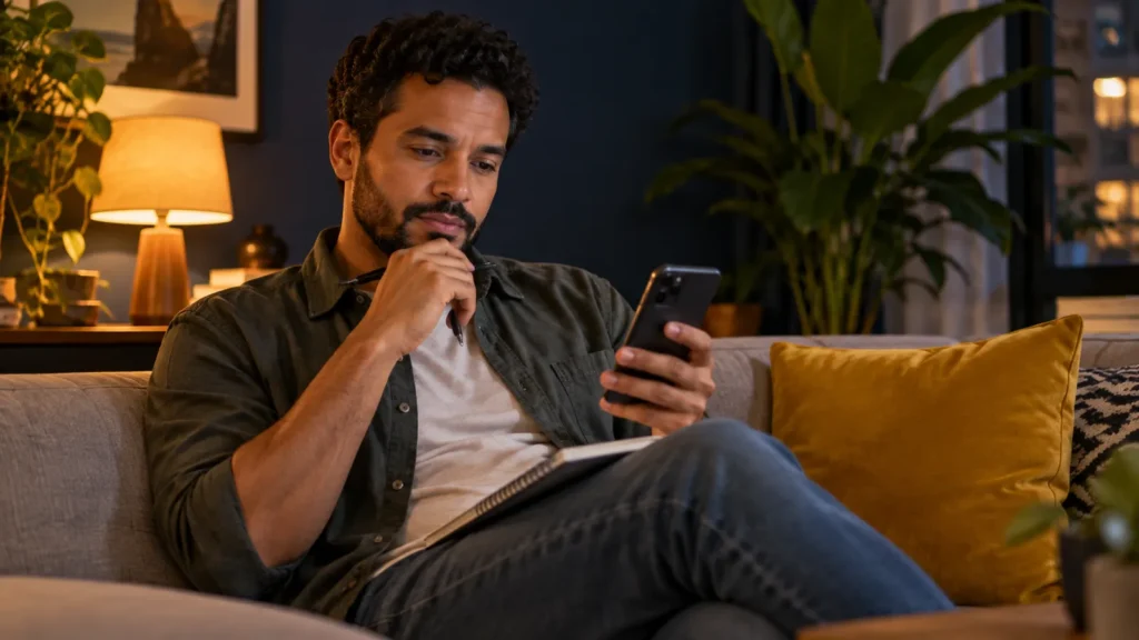 Homem analisando opções de renda extra no celular